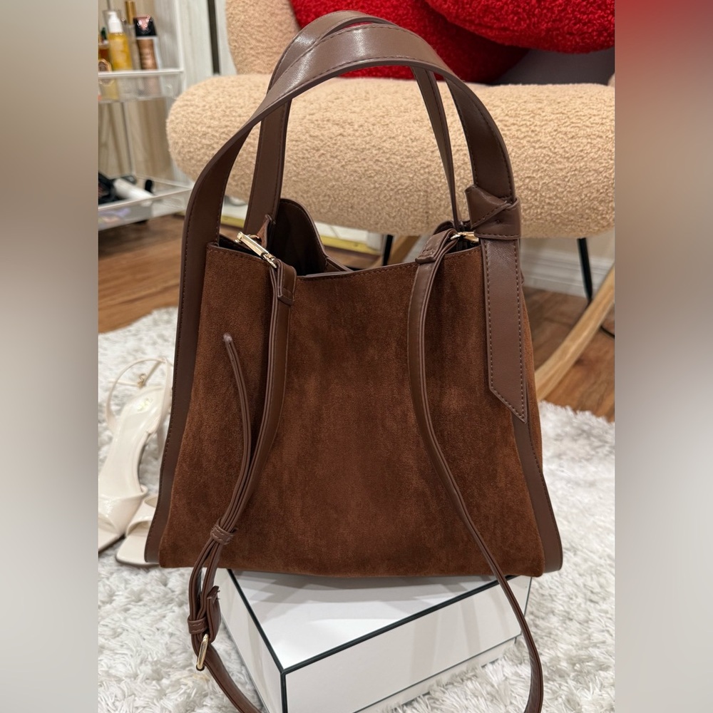Windsor Brown Suede & Faux Leather Tote Bag with Shoulder Strap